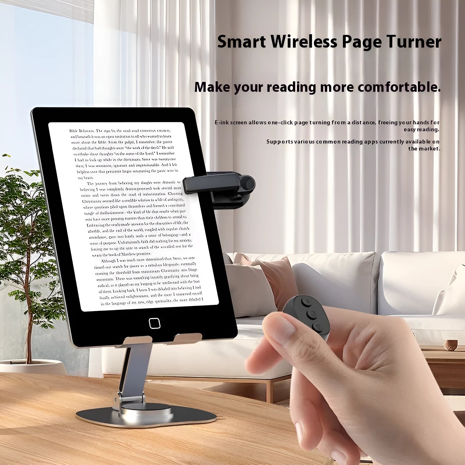 Wireless page turner remote control and clicker for e-readers and tablets in black, white, or pink.
