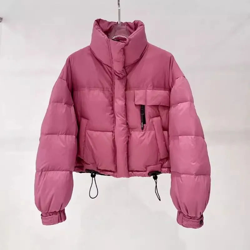 Korean-style stand collar short puffer jacket in yellow with princess sleeves and chenille fabric
