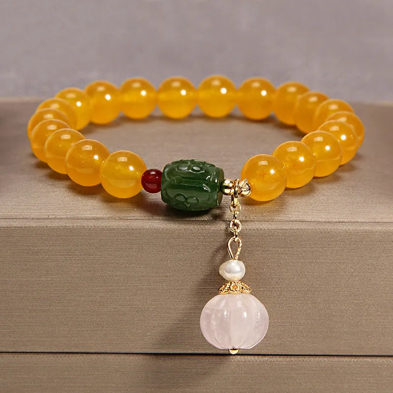 Khaki agate crystal bracelet for women with gold silk adjustable cord in Japanese Korean style