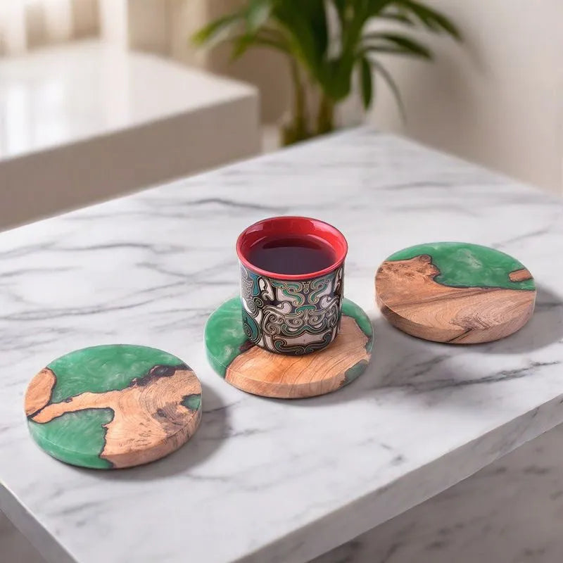 Nordic style wooden coasters in round and irregular shapes measuring 9.8cm