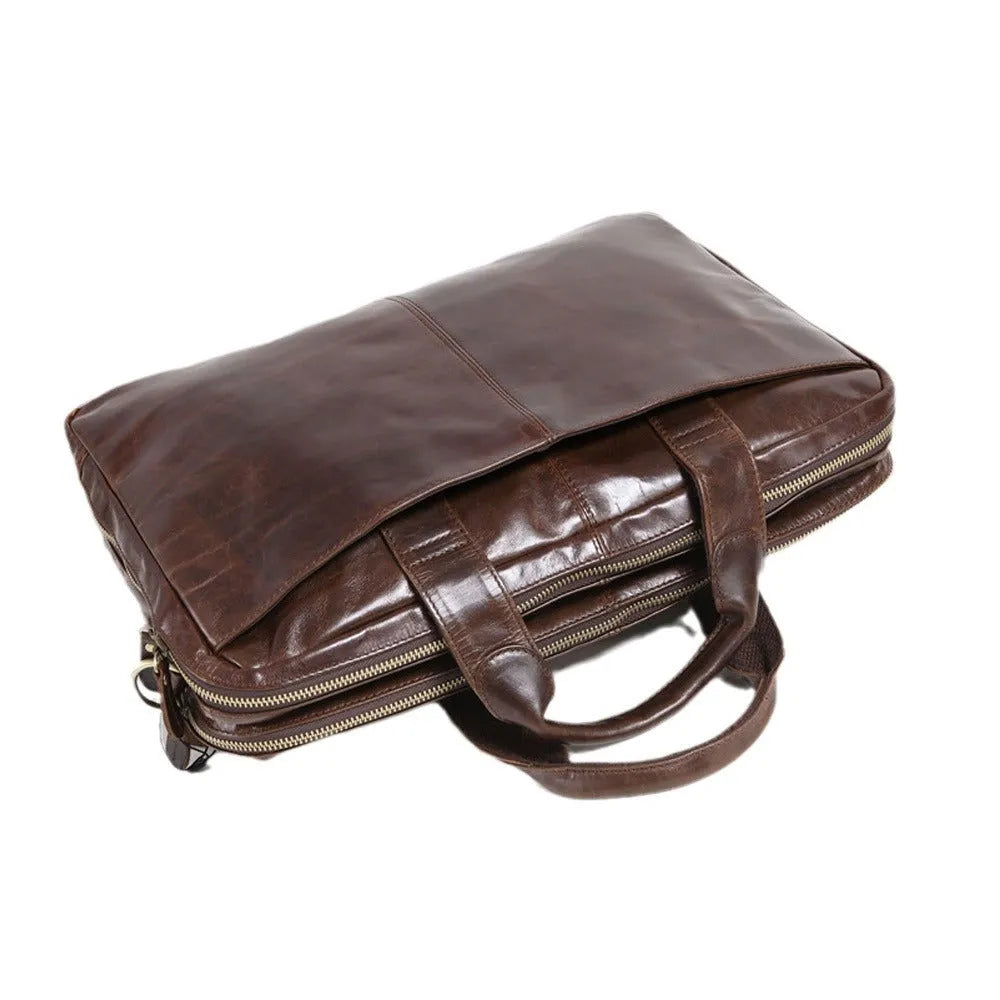 Brown men's business briefcase made from first layer cowhide leather with 18-inch laptop capacity