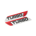 Raised metal TURBO car bumper sticker in silver, black, red or gold with small or large size options