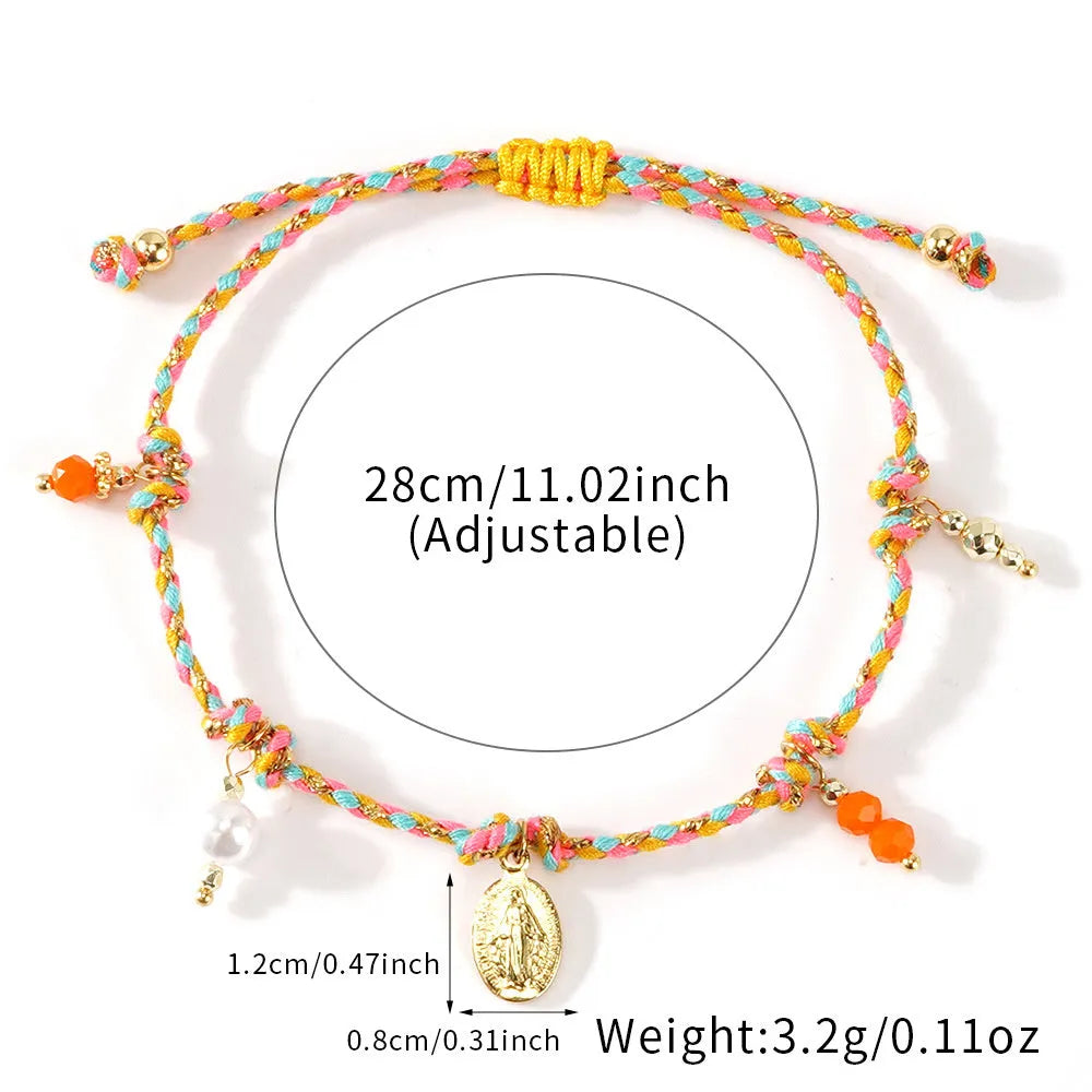 A colourful hand-woven braided rope bracelet for women in an ethnic strap tag style.
