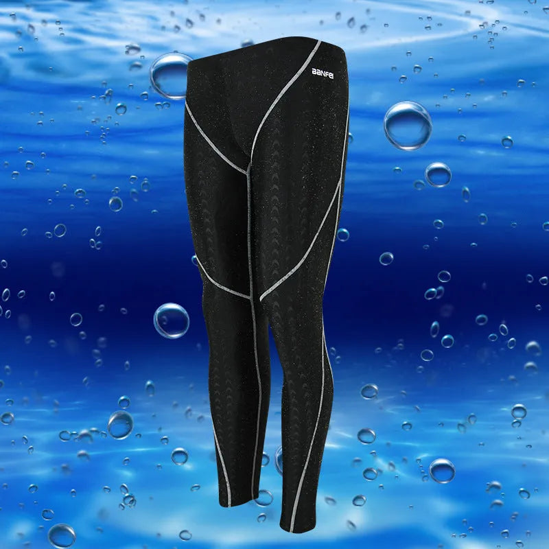 Men's nylon cropped swimming trunks in black with green line pattern