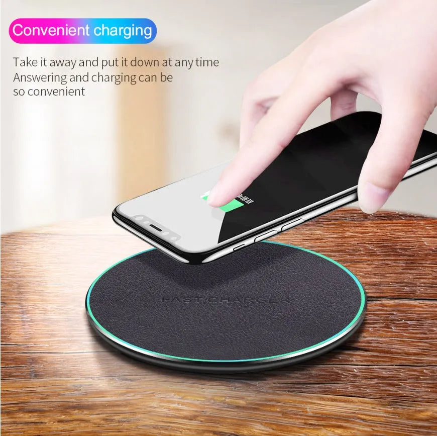Black Quick Qi wireless charging pad for iPhone 11 and Android phones with LED indicator