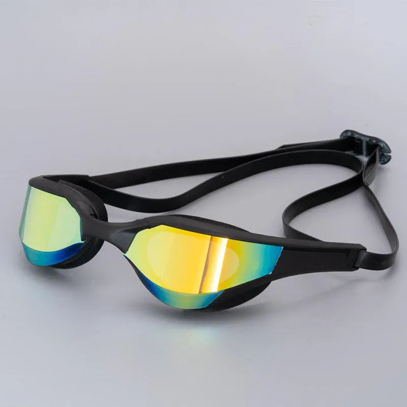 Black and gold plated anti-fog racing swimming goggles with polycarbonate frame on a blue background.