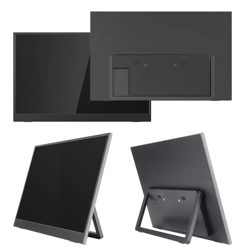 Black 15.6-inch portable computer monitor with adjustable stand on desk next to laptop