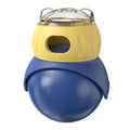 Owl-themed yellow and blue plastic cat feeder tumbler with food puzzle system