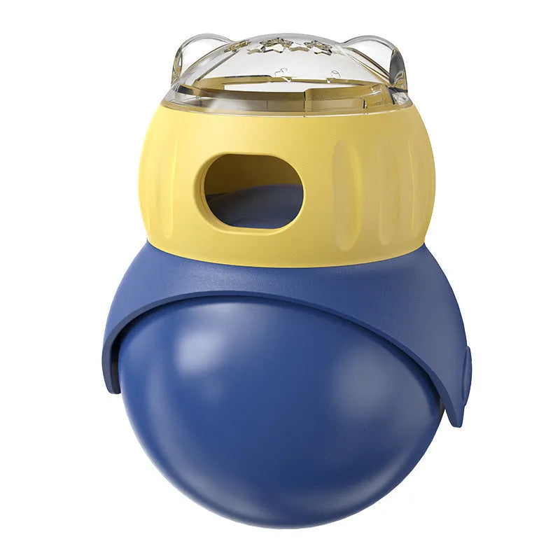 Owl-themed yellow and blue plastic cat feeder tumbler with food puzzle system