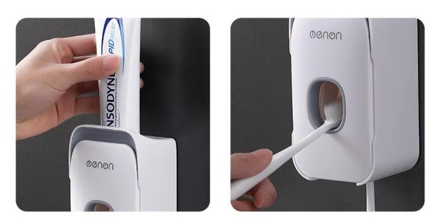 Wall-mounted automatic toothpaste dispenser in blue colour with touch sensor.