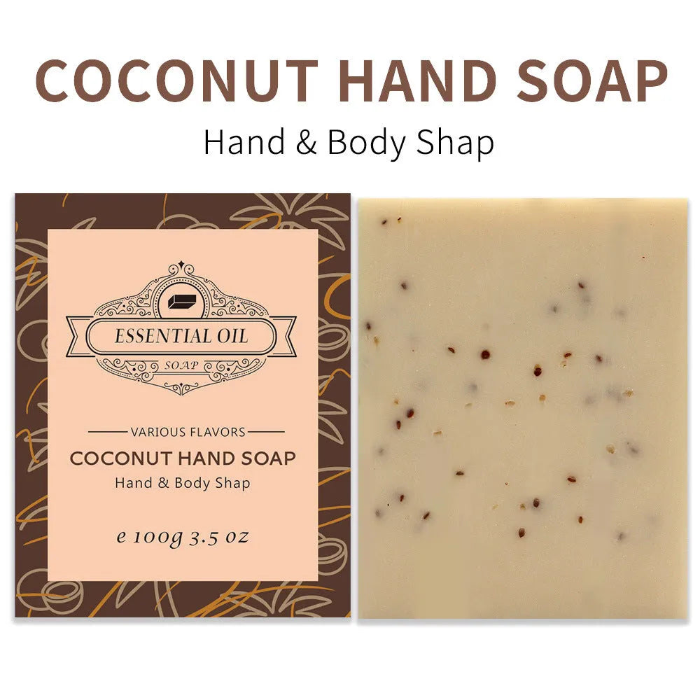 Frosted white handmade essential oil soap bar on a wooden dish with leaves, shown with Coconut, Green Tea, Lavender, and Rose variant labels.