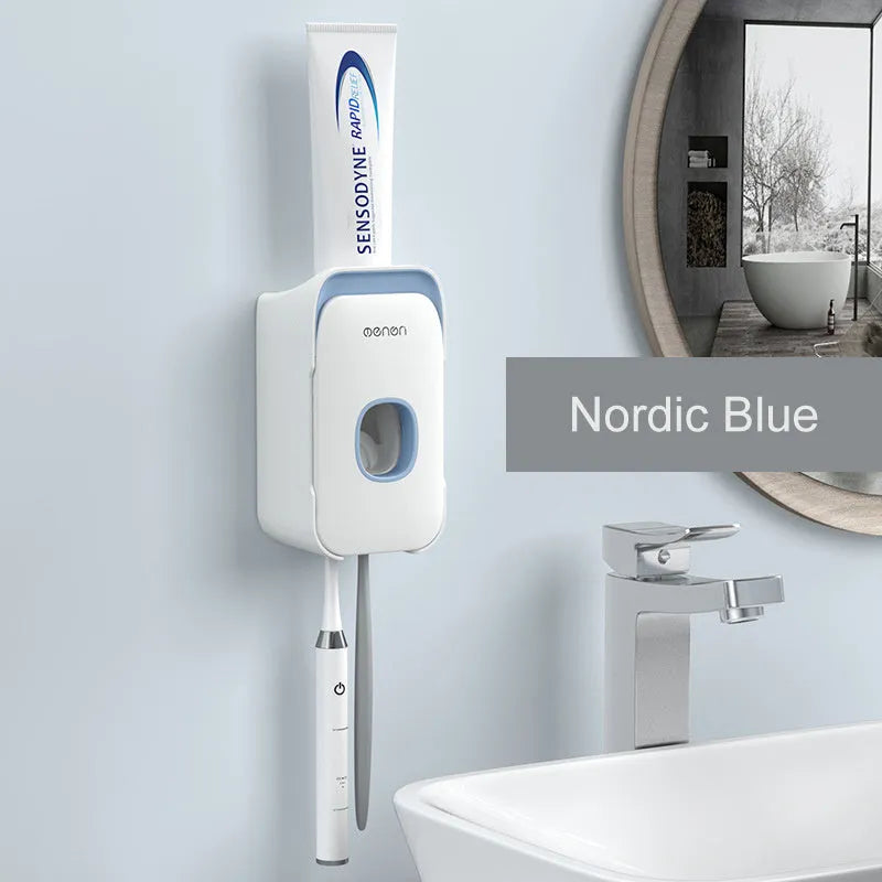 Wall-mounted automatic toothpaste dispenser in blue colour with touch sensor.