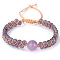 Handmade woven pull bracelet with tigereye and amethyst beads in geometric pattern