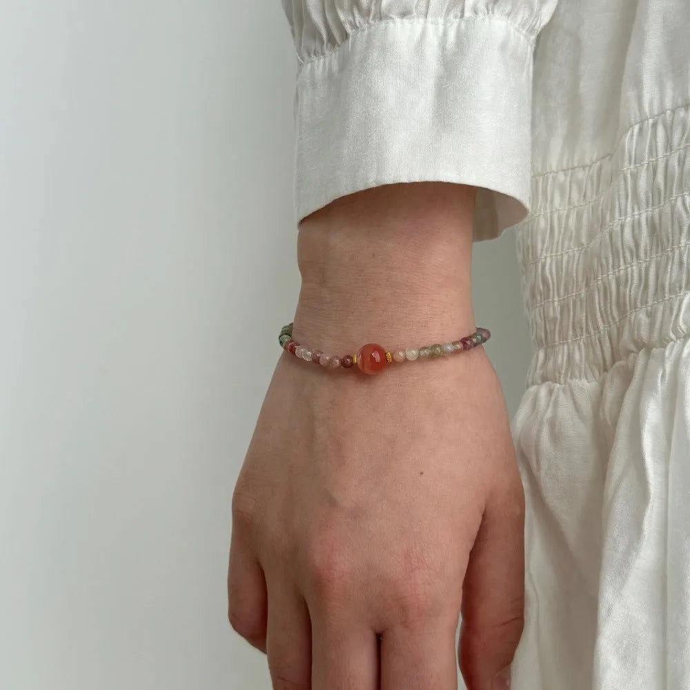 S925 sterling silver bracelet for women with natural tourmaline agate gold geometric round design