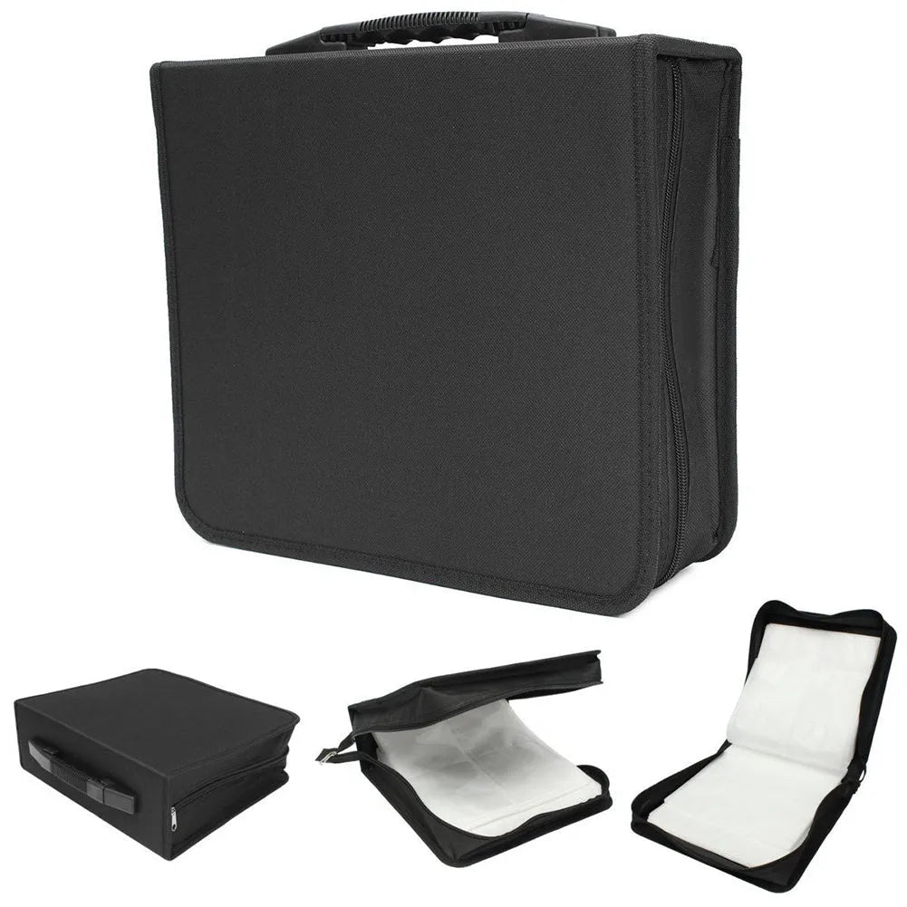 Black oxford cloth CD DVD storage organiser bag with zipper and top carry strap.
