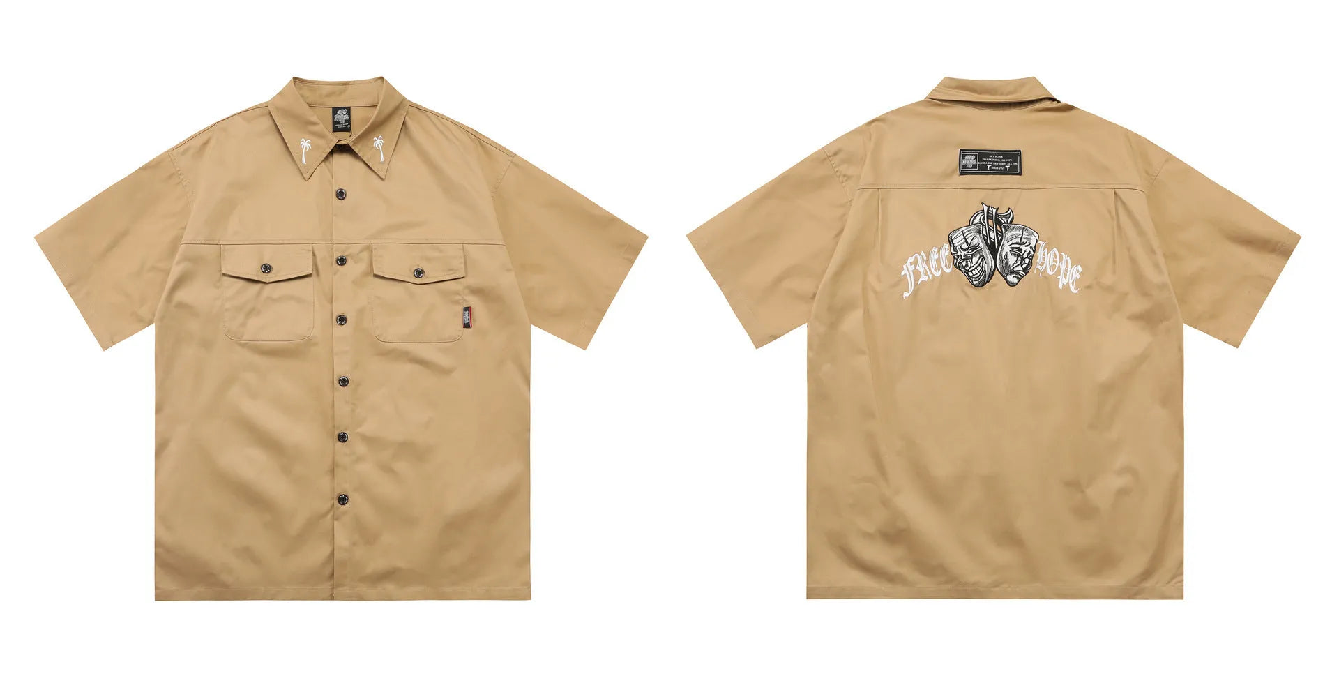 Men's black loose fit cotton blend pocket shirt with half sleeves and embroidered detail on a hanger.