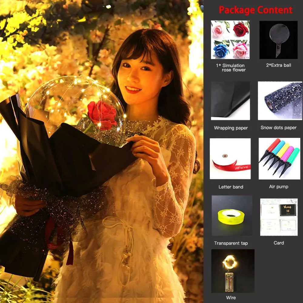 Transparent LED luminous DIY balloon rose bouquet with integrated lights for decoration.