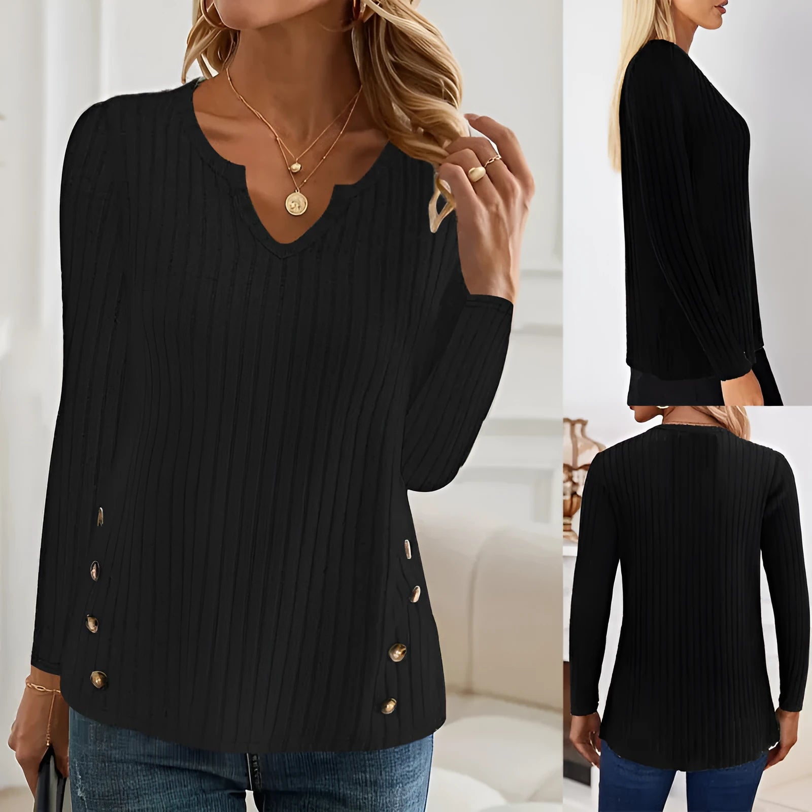 Simple solid colour knitted button-front pullover sweater in black or grey green