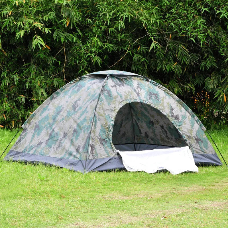 Green camouflage two-person camping tent with mesh windows and steel ground nails