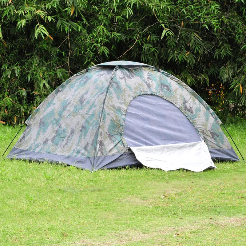Green camouflage two-person camping tent with mesh windows and steel ground nails