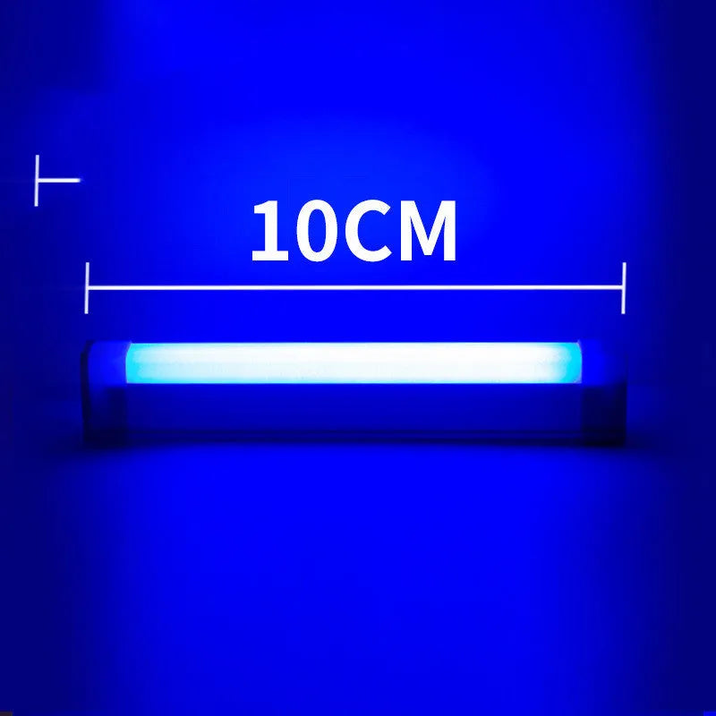 Blue and purple rechargeable LED tube stick light with USB cable, shown in 17cm and 32cm sizes.