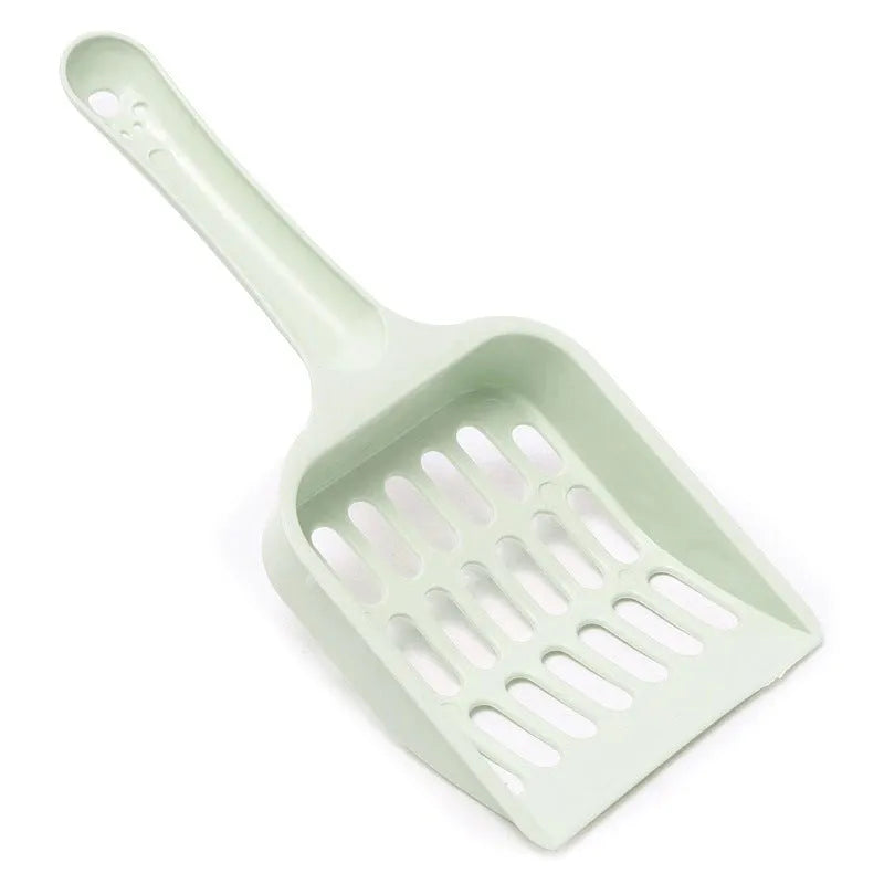 Blue plastic cat litter scoop for cleaning pet toilets, shown with dimensions.