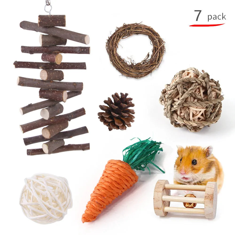 Natural wooden chewing toy set for small animals including straw mats, woven balls and plant-based components