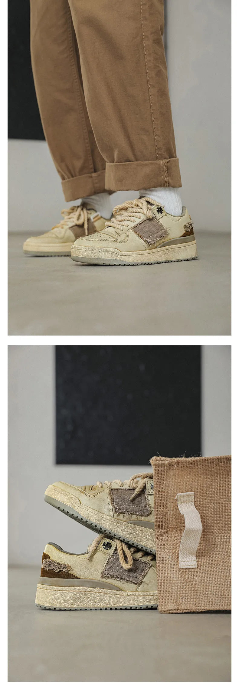 Beige microfiber skateboard shoes with flat rubber sole and lace-up closure