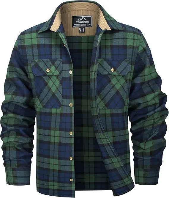 Men's plaid flannel casual button shirt in orange colour on a hanger.