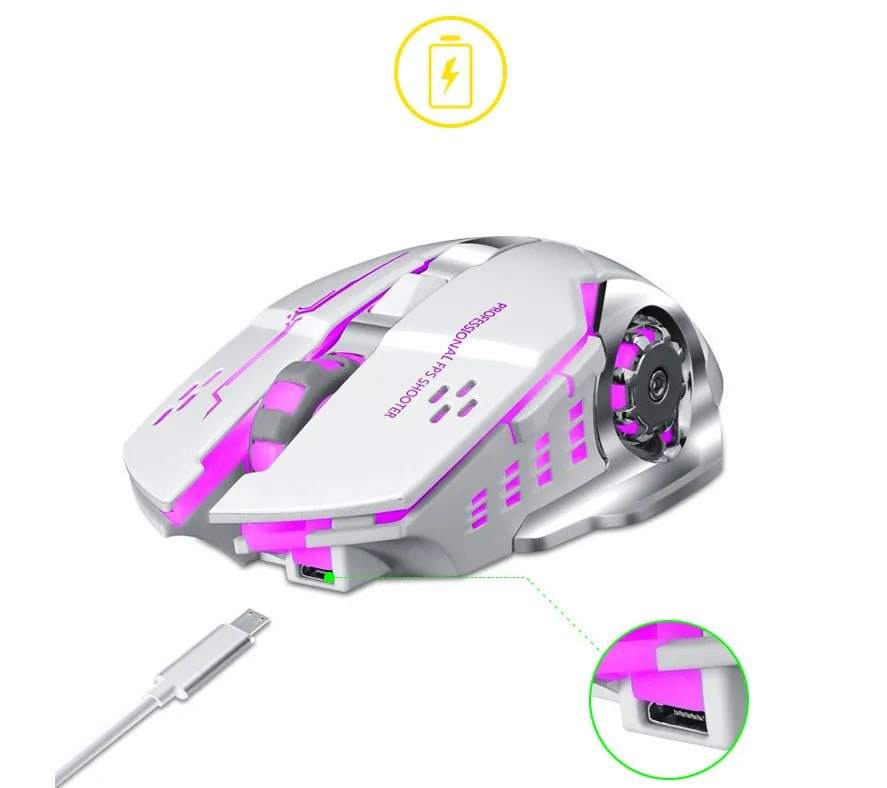 Black and white wireless mouse with USB charging cable showing six buttons and optical sensor