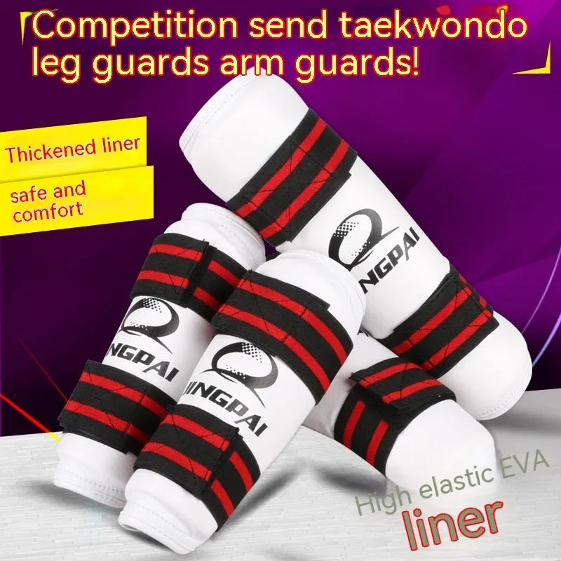 Taekwondo arm and leg protective gear set showing arm guards and leg protectors in standard sizing