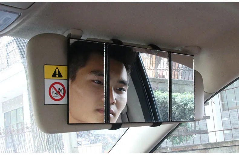 Silver folding car visor grooming mirror shown open and closed, made from ABS and glass.