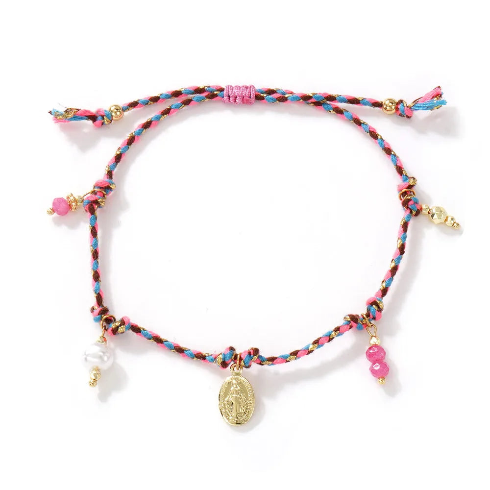 A colourful hand-woven braided rope bracelet for women in an ethnic strap tag style.