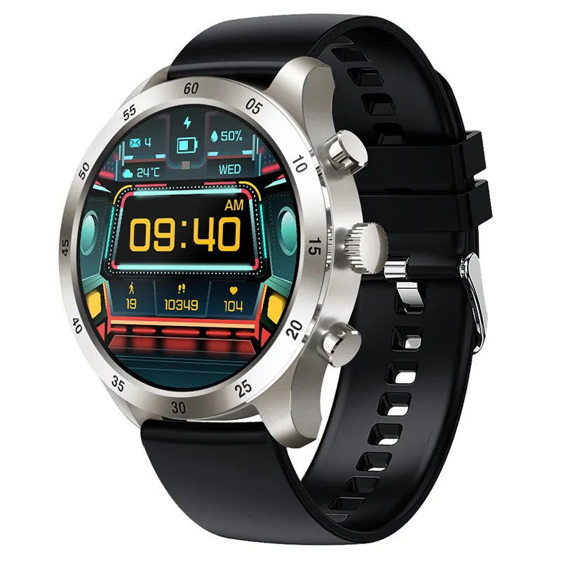 Apple iOS smart watch with Bluetooth calling on wrist, showing bamboo steel strap option.