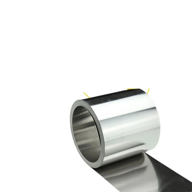 Close-up of a roll of thin 304 stainless steel sheet with a brown leather backing, showing measurements.