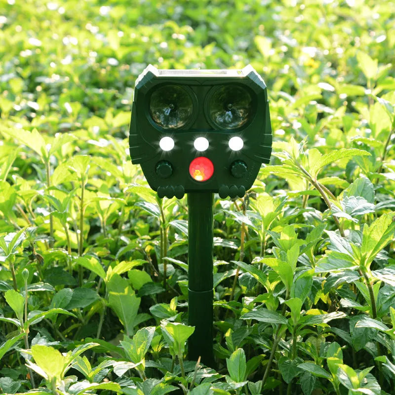 Green solar-powered ultrasonic animal repeller with motion sensor for outdoor pest control