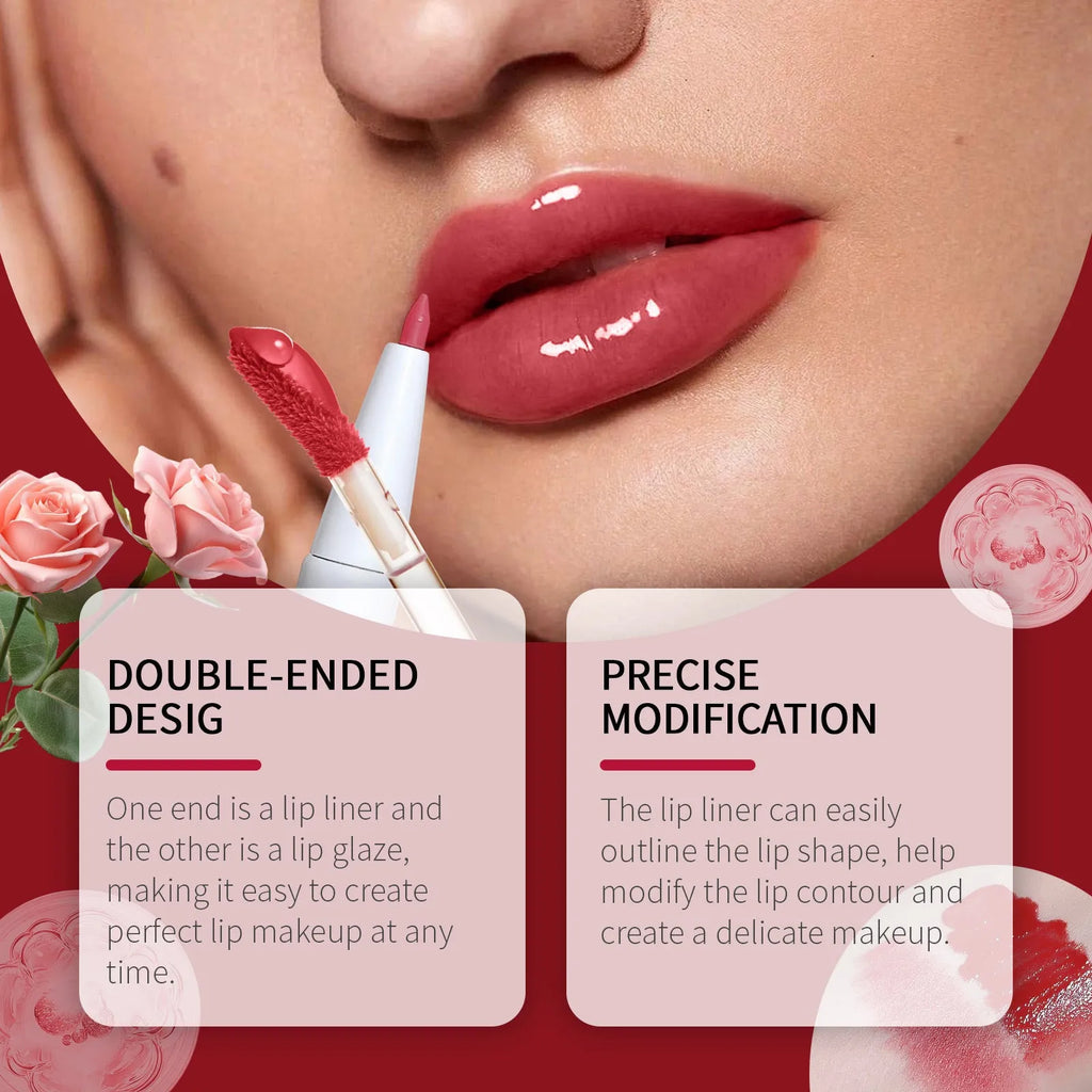 Double-headed lip liner and lip lacquer pen with three colour options displayed