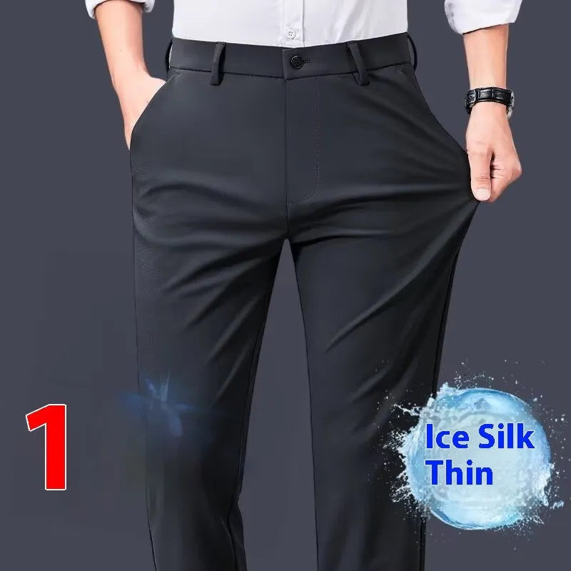 Men's straight leg business casual trousers in navy blue made from polyester blend on a mannequin.
