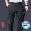 Men's straight leg business casual trousers in navy blue made from polyester blend on a mannequin.
