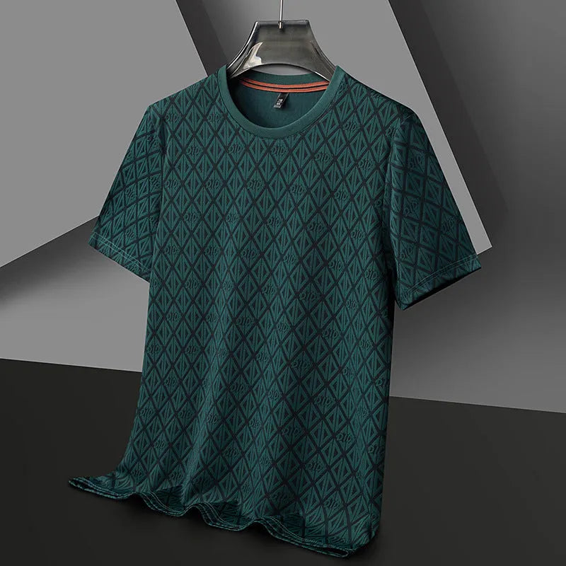 Men's loose fit round neck short sleeve T-shirt in ice silk fabric, shown in solid colour options.
