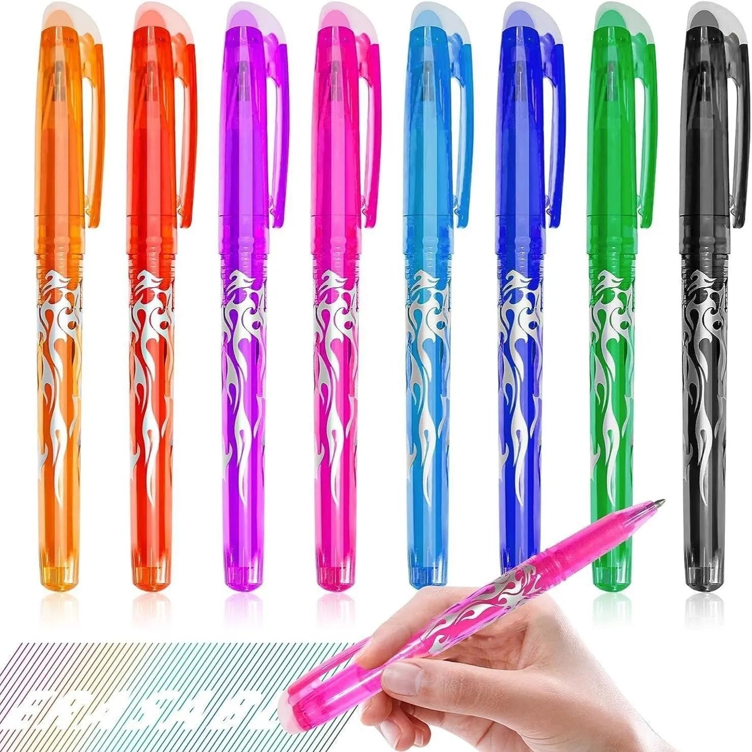 Heat-erasable gel pen set with plastic body, stainless steel nib, and assorted colours in 0.5mm and 0.7mm sizes