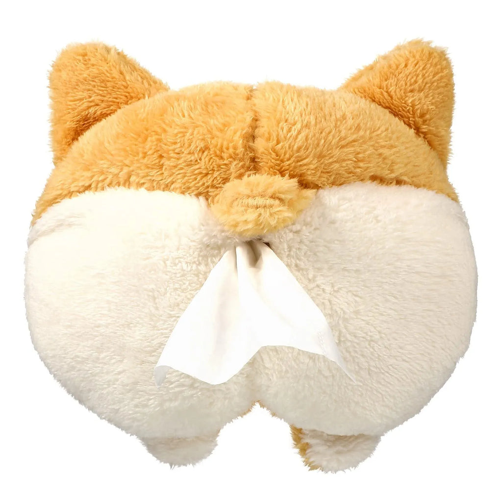 Yellow soft plush corgi butt shaped tissue box cover with elastic strap for car or home.