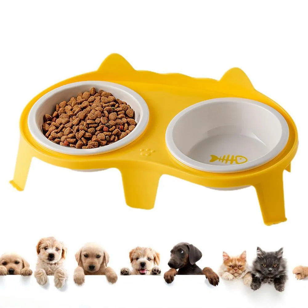 Ceramic cat bowl set with elevated tilted design on ABS stand, blue colour option