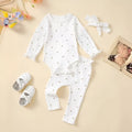 White cotton baby suit three-piece set with top, long pants, and hair tie showing sunken stripe stitching