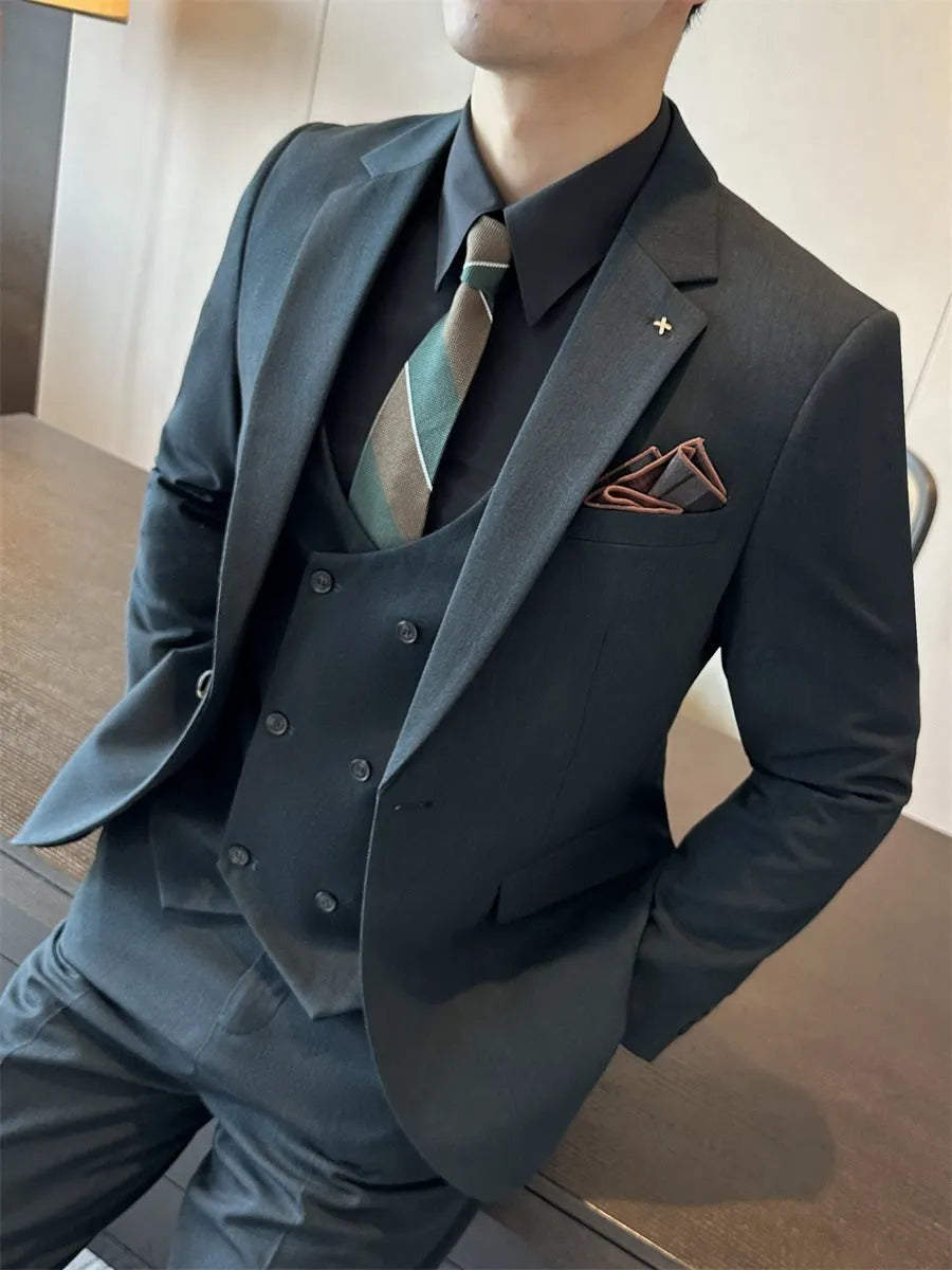 Men's slim-fit business trousers in camel, brown, and dark green viscose blend fabric