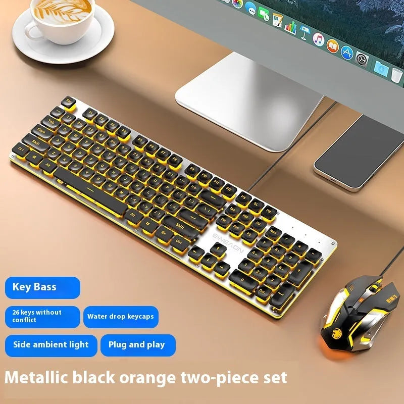 Wired mute mechanical-feel keyboard and gaming mouse combo set on a desk with blue backlighting