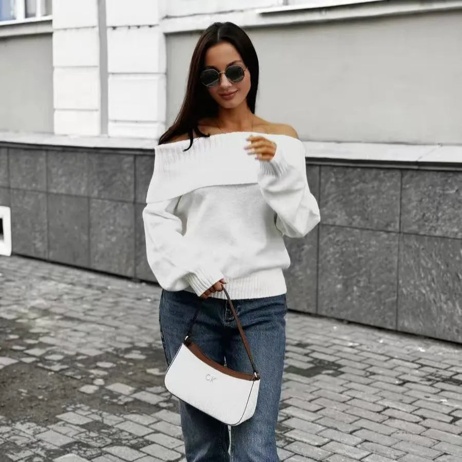 Grey off-the-shoulder women's sweater with 3D pattern and strapless design