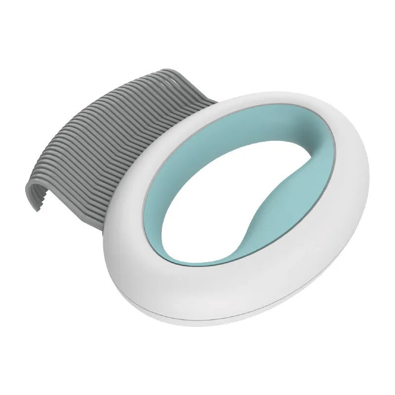 Blue pet deshedding comb with soft teeth and ergonomic plastic handle on a white background.