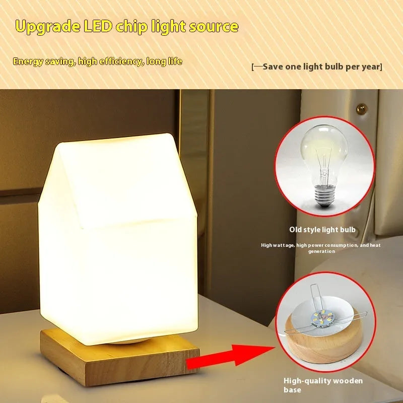 Nordic solid wood flower-shaped USB table lamp showing touch dimming and choice of cube or cylinder white light shapes.