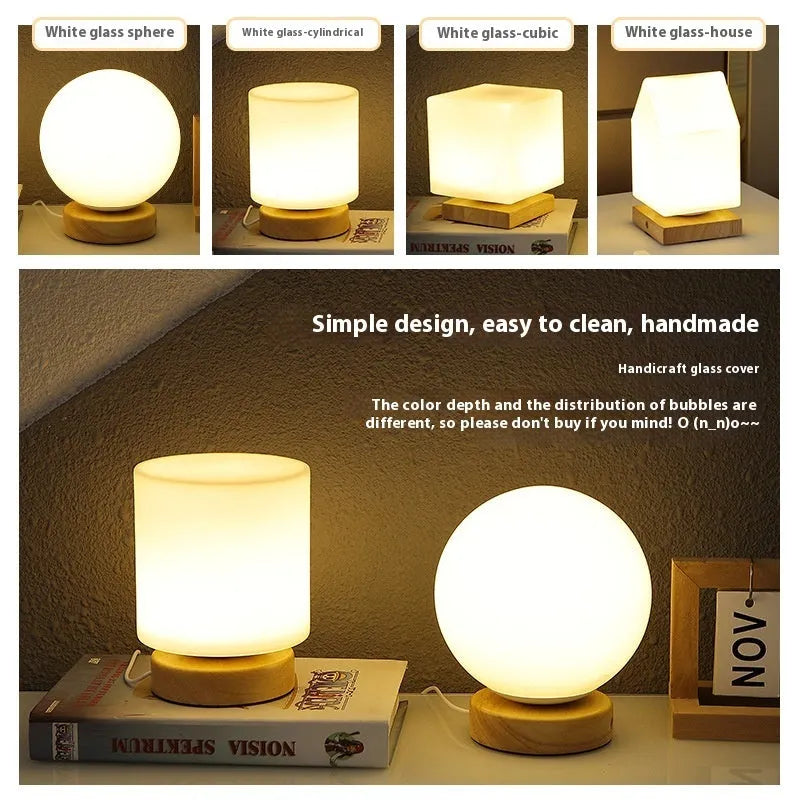 Nordic solid wood flower-shaped USB table lamp showing touch dimming and choice of cube or cylinder white light shapes.